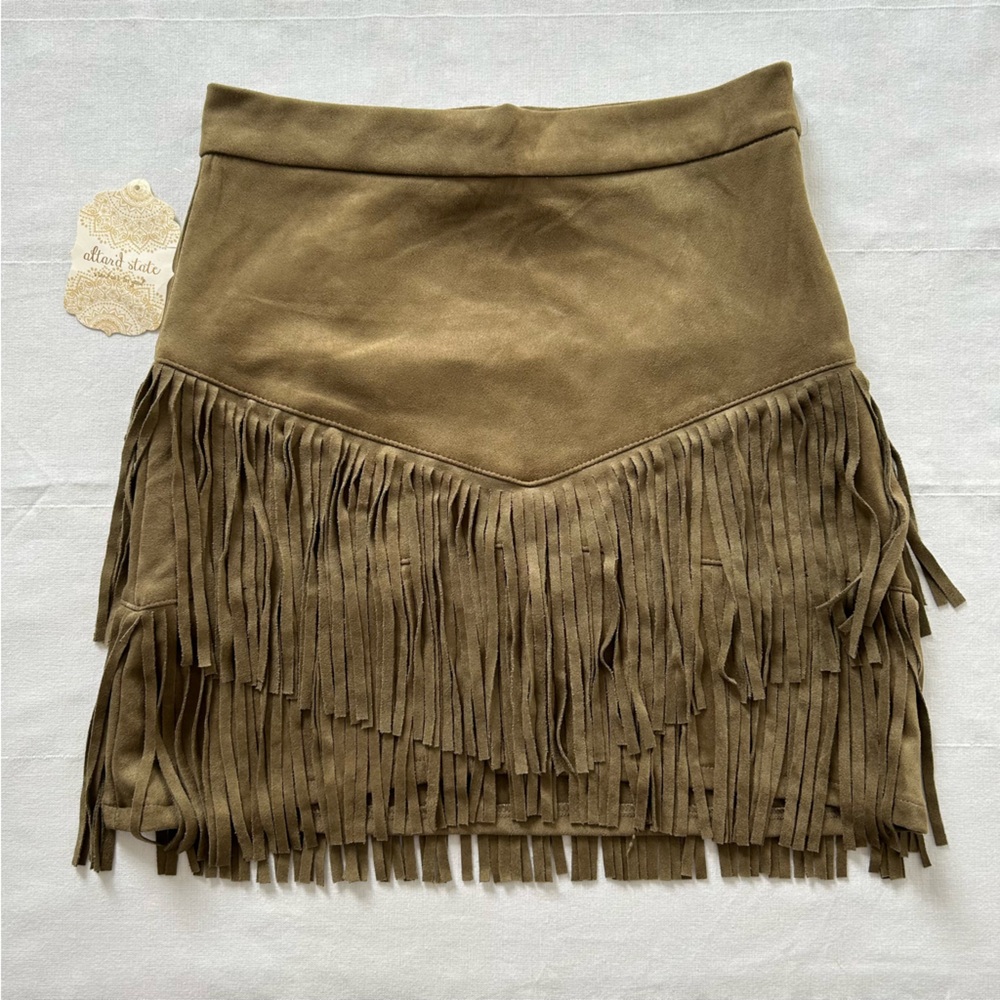 Altar'd State Olive/Tan Fringe Mini Skirt
